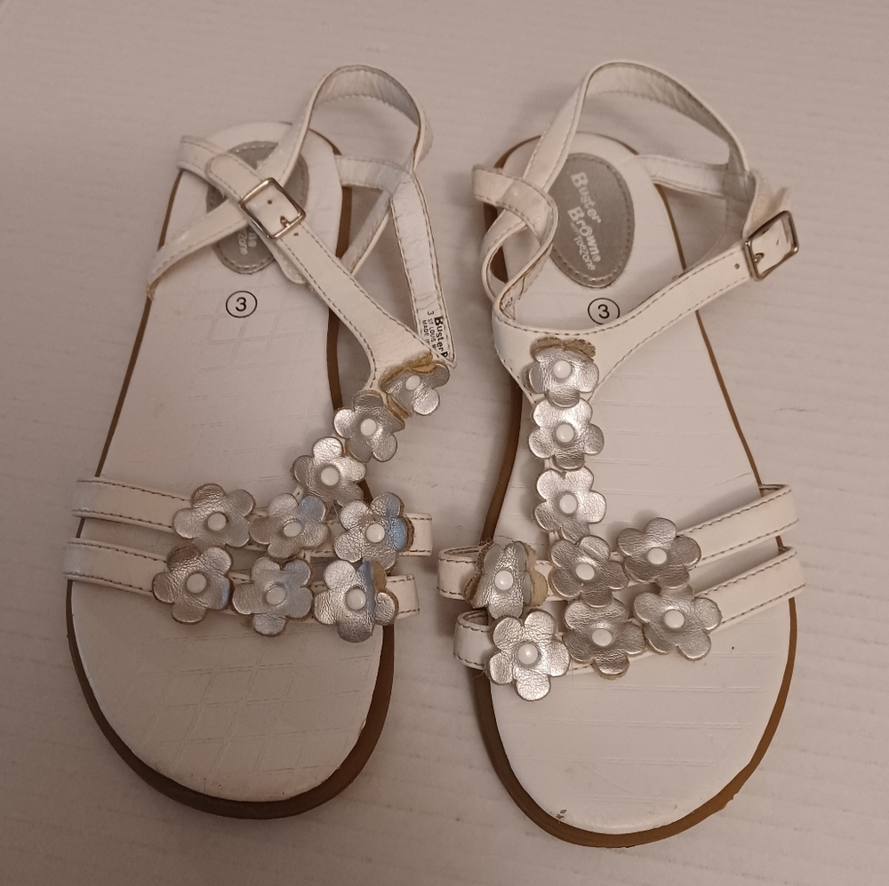 4/$30 White Floral Faux-Leather Sandals - Size 3 (Girl)